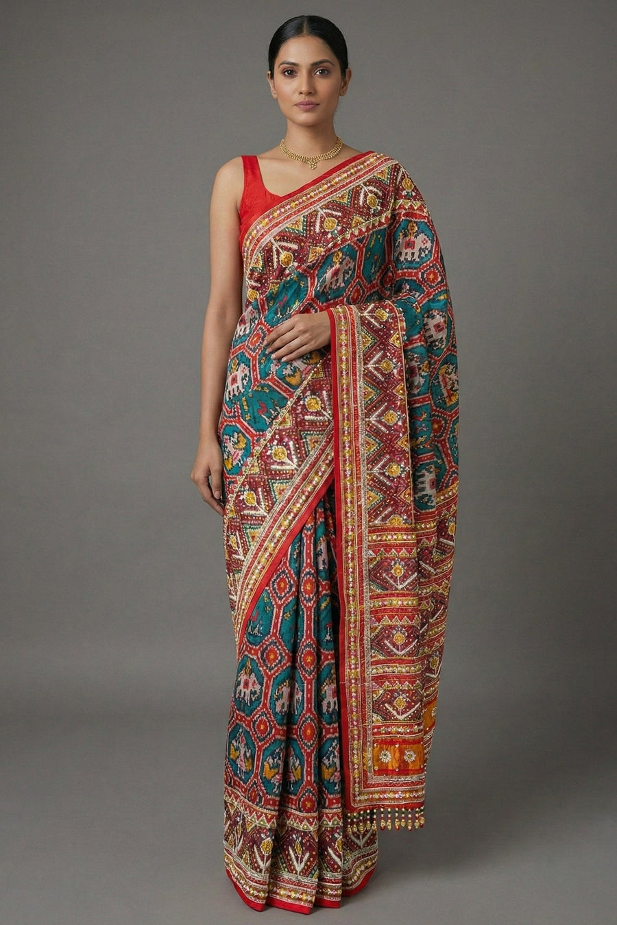 Green Silk Traditional Patola Saree with Multi Colored Bead and Mirror Work - red silk saree patola