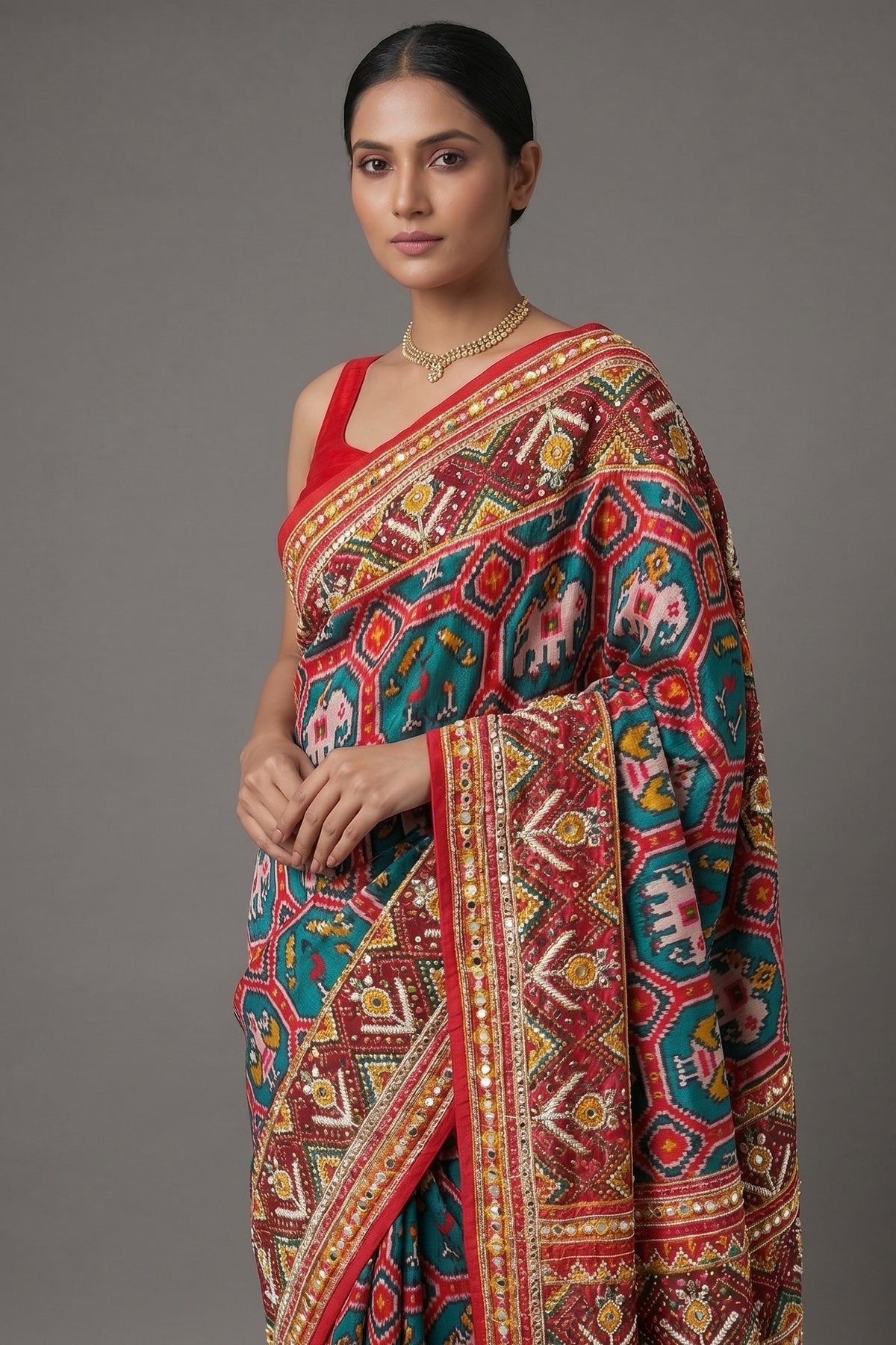 Green Silk Traditional Patola Saree with Multi Colored Bead and Mirror Work - red silk saree patola