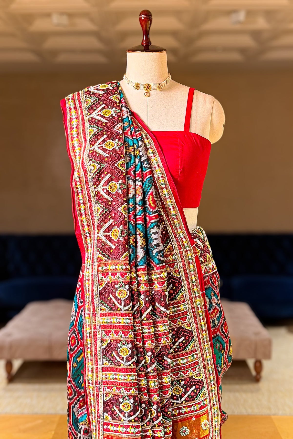 Green Silk Traditional Patola Saree with Multi Colored Bead and Mirror Work - red silk saree patola