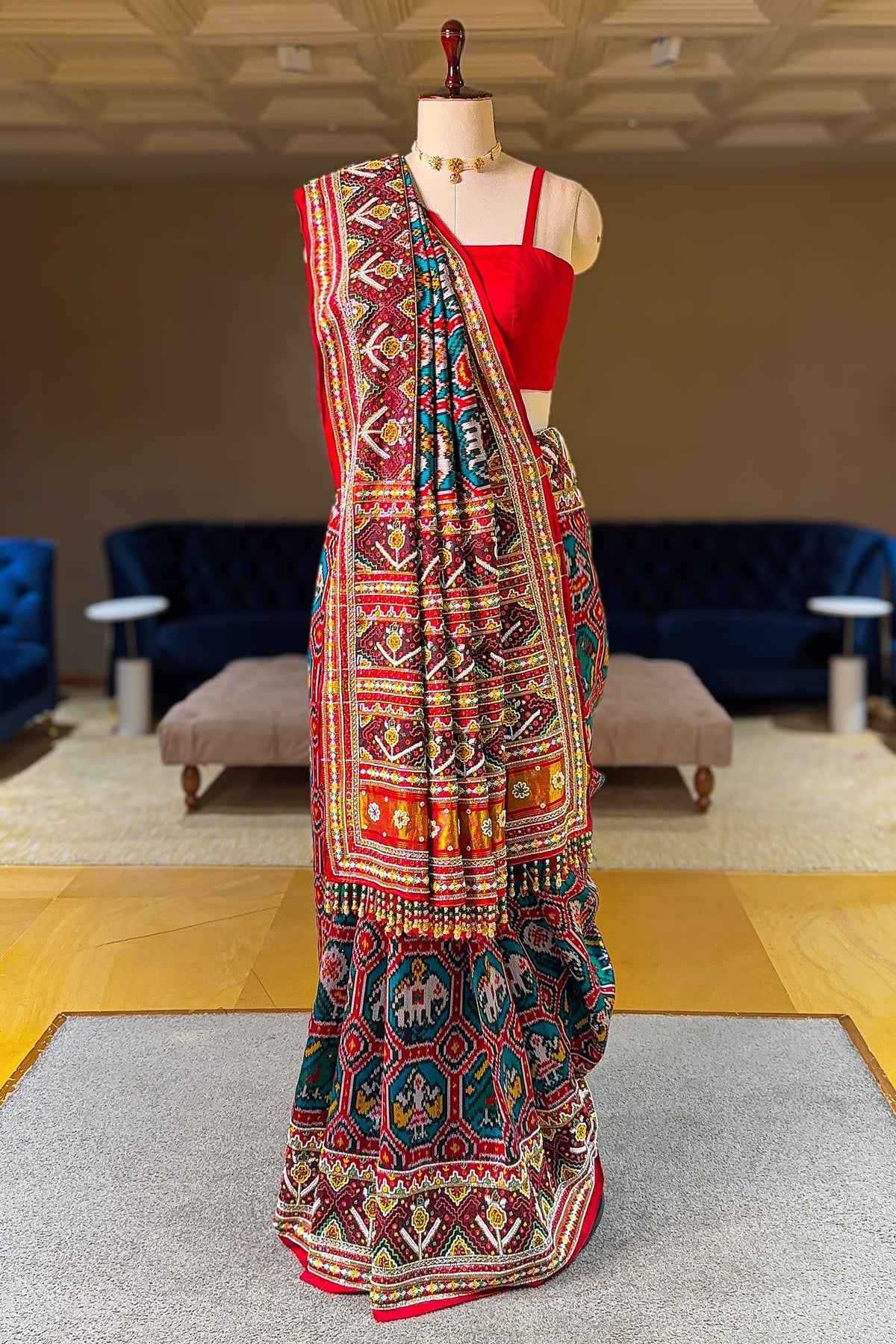 Green Silk Traditional Patola Saree with Multi Colored Bead and Mirror Work - red silk saree patola