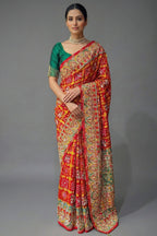 Red Cotton Silk Traditional Bandhej Saree with Beads and Zardosi Work - red silk saree bandhej