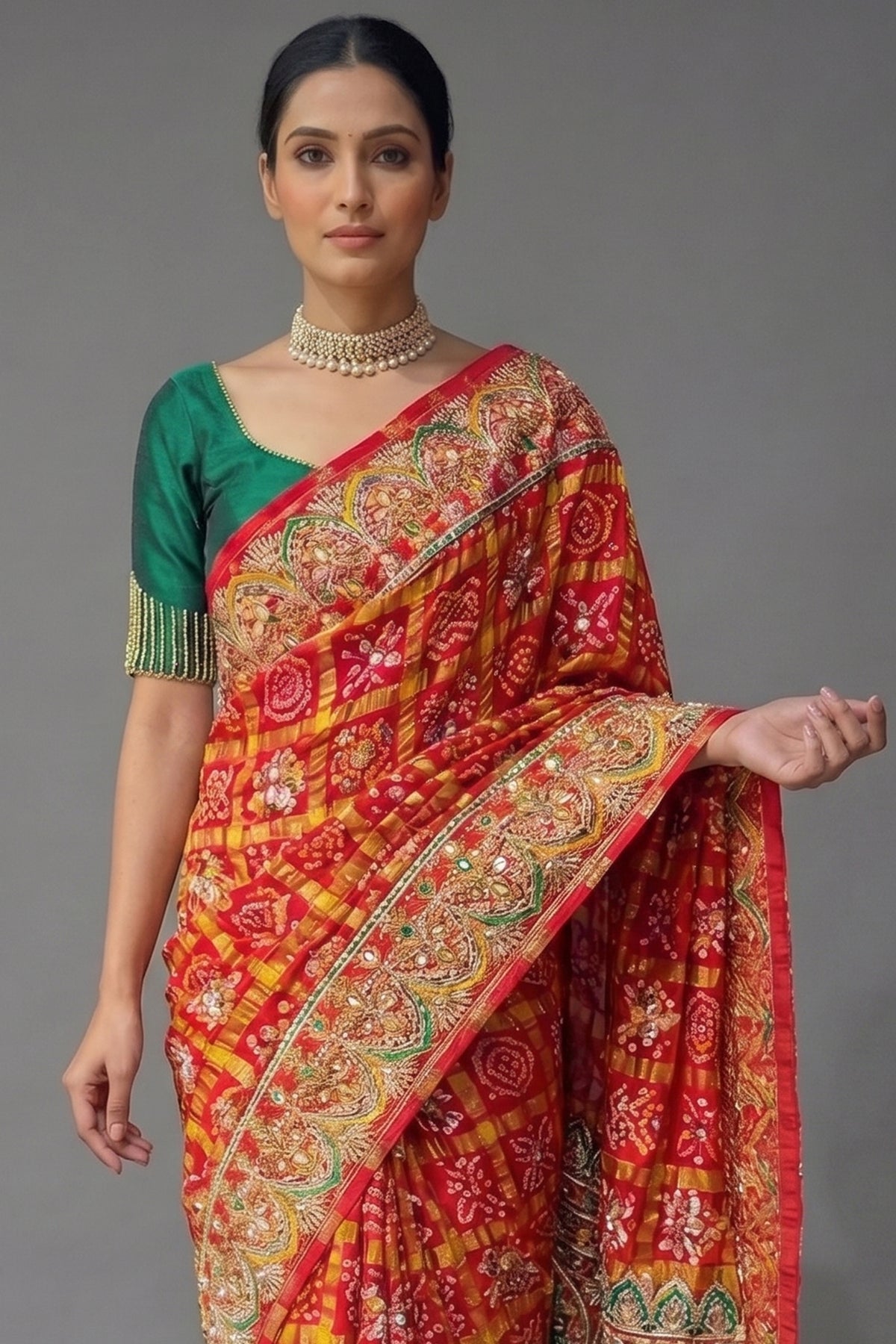 Red Cotton Silk Traditional Bandhej Saree with Beads and Zardosi Work - red silk saree bandhej