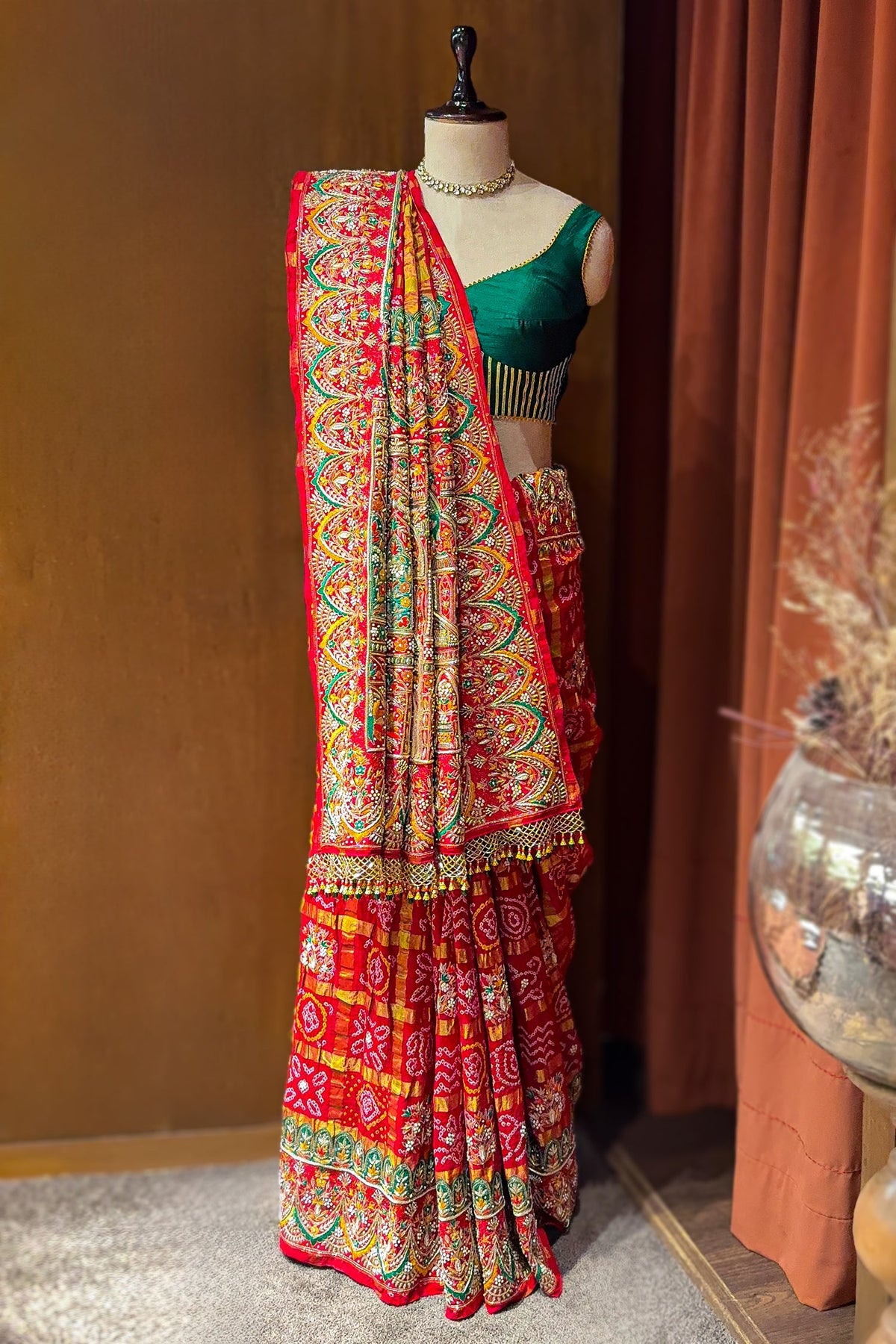 Red Cotton Silk Traditional Bandhej Saree with Beads and Zardosi Work - red silk saree bandhej