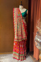 Red Cotton Silk Traditional Bandhej Saree with Beads and Zardosi Work - red silk saree bandhej