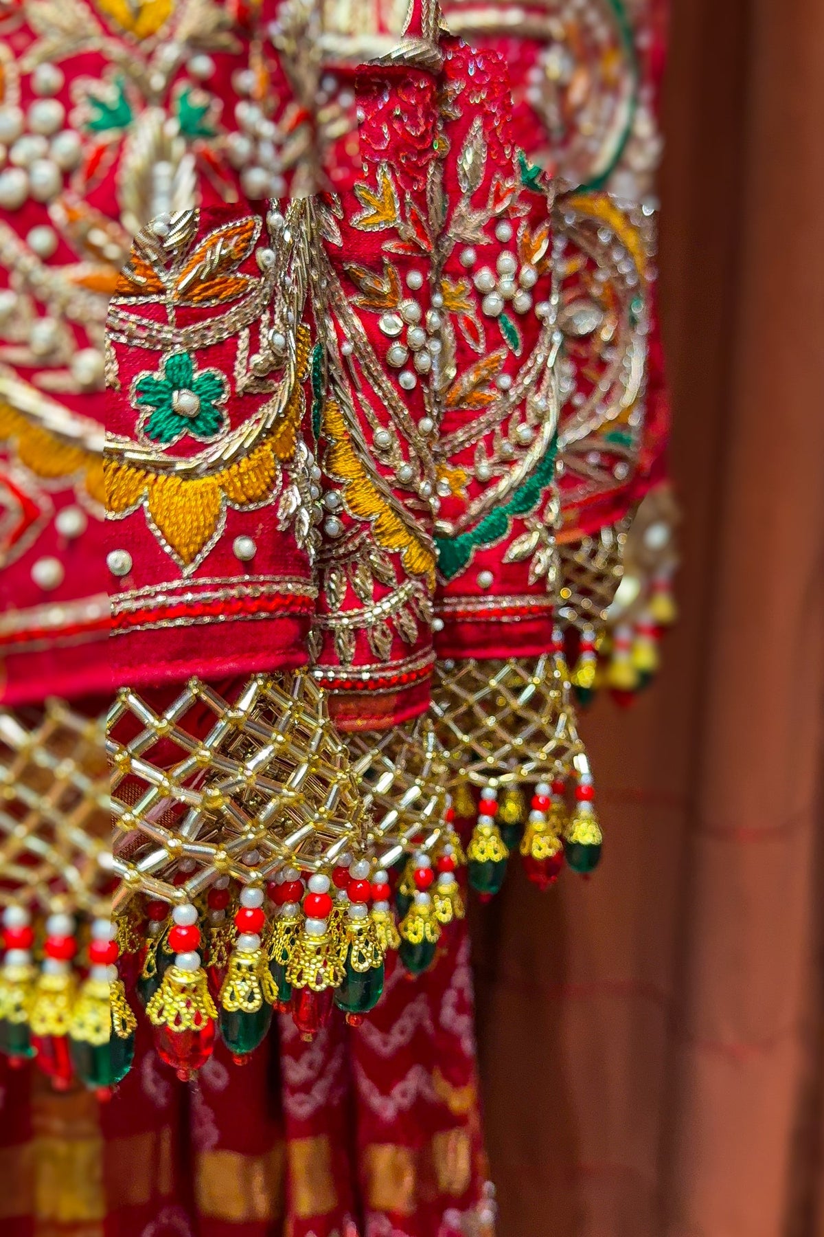 Red Cotton Silk Traditional Bandhej Saree with Beads and Zardosi Work - red silk saree bandhej