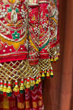Red Cotton Silk Traditional Bandhej Saree with Beads and Zardosi Work - red silk saree bandhej