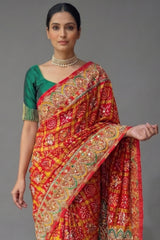 Red Cotton Silk Traditional Bandhej Saree with Beads and Zardosi Work