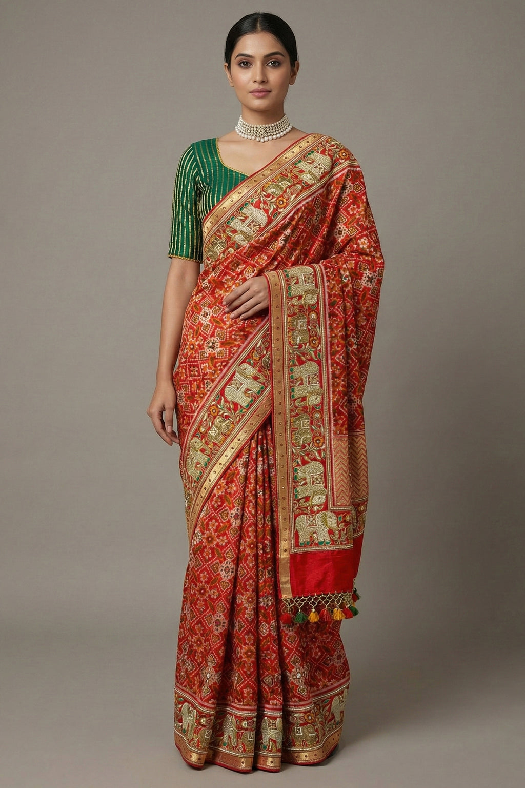 Red Silk Traditional Patola Saree with Handworked Elephant Motif Border - red silk saree patola