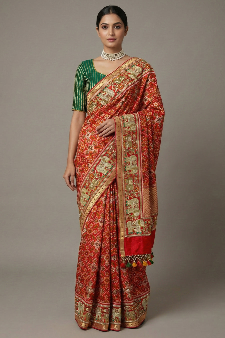 Red Silk Traditional Patola Saree with Handworked Elephant Motif Border - red silk saree patola