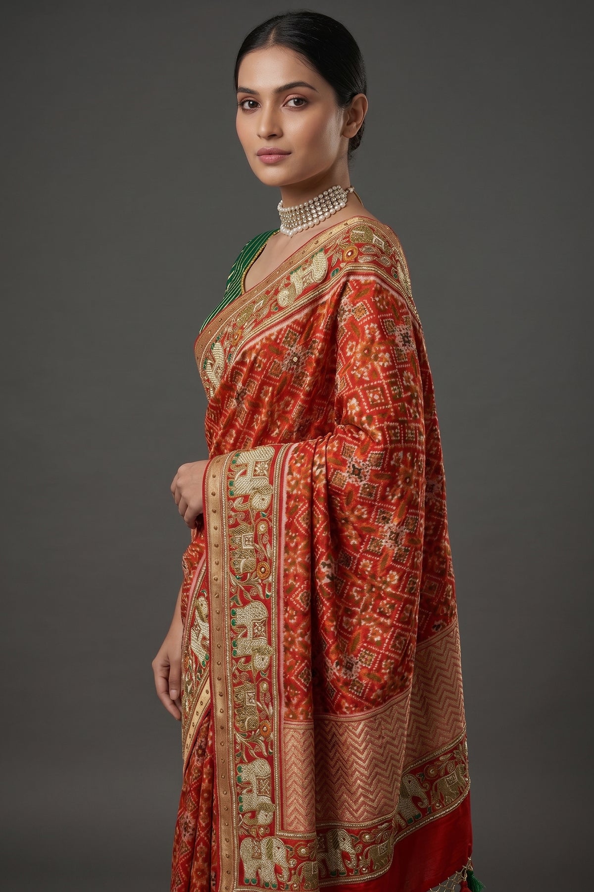 Red Silk Traditional Patola Saree with Handworked Elephant Motif Border - red silk saree patola