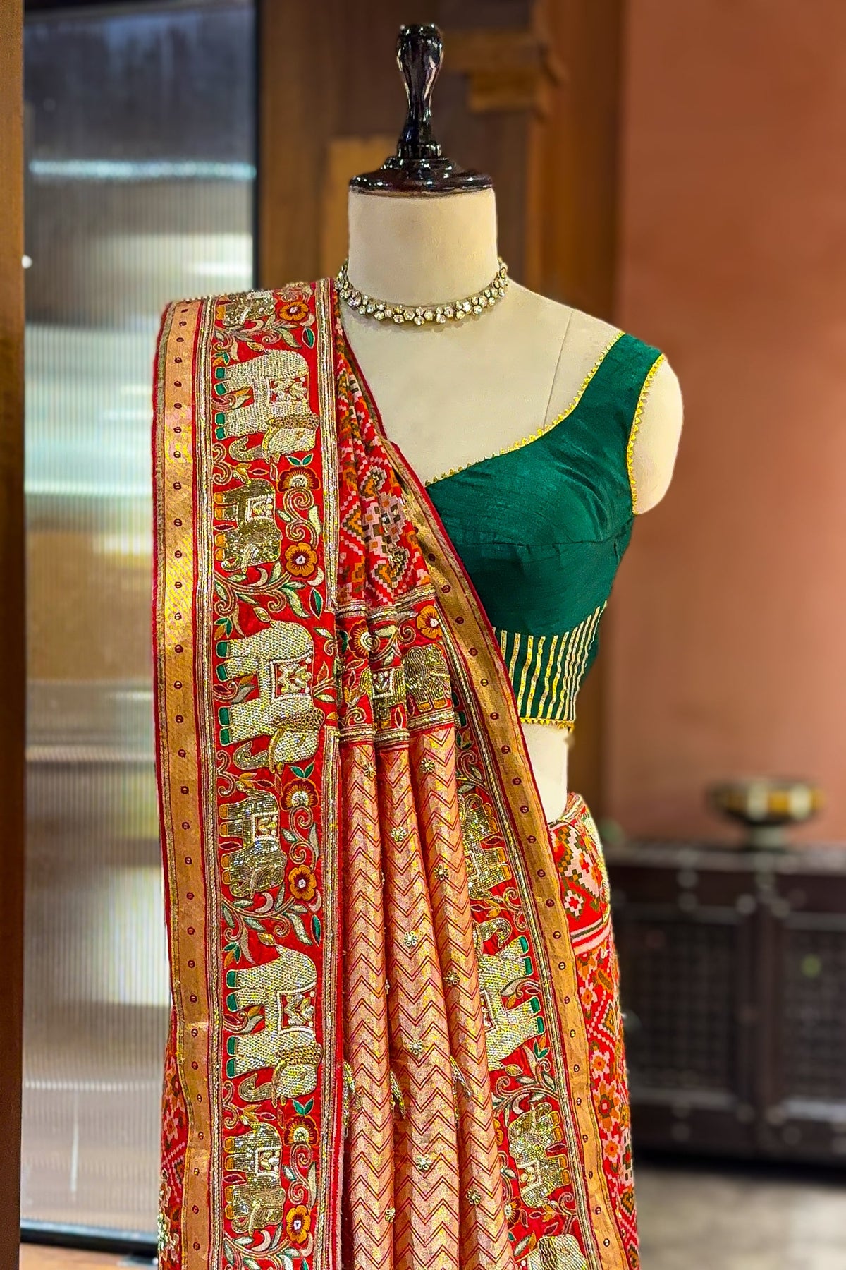 Red Silk Traditional Patola Saree with Handworked Elephant Motif Border - red silk saree patola