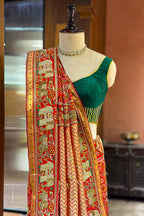 Red Silk Traditional Patola Saree with Handworked Elephant Motif Border - red silk saree patola