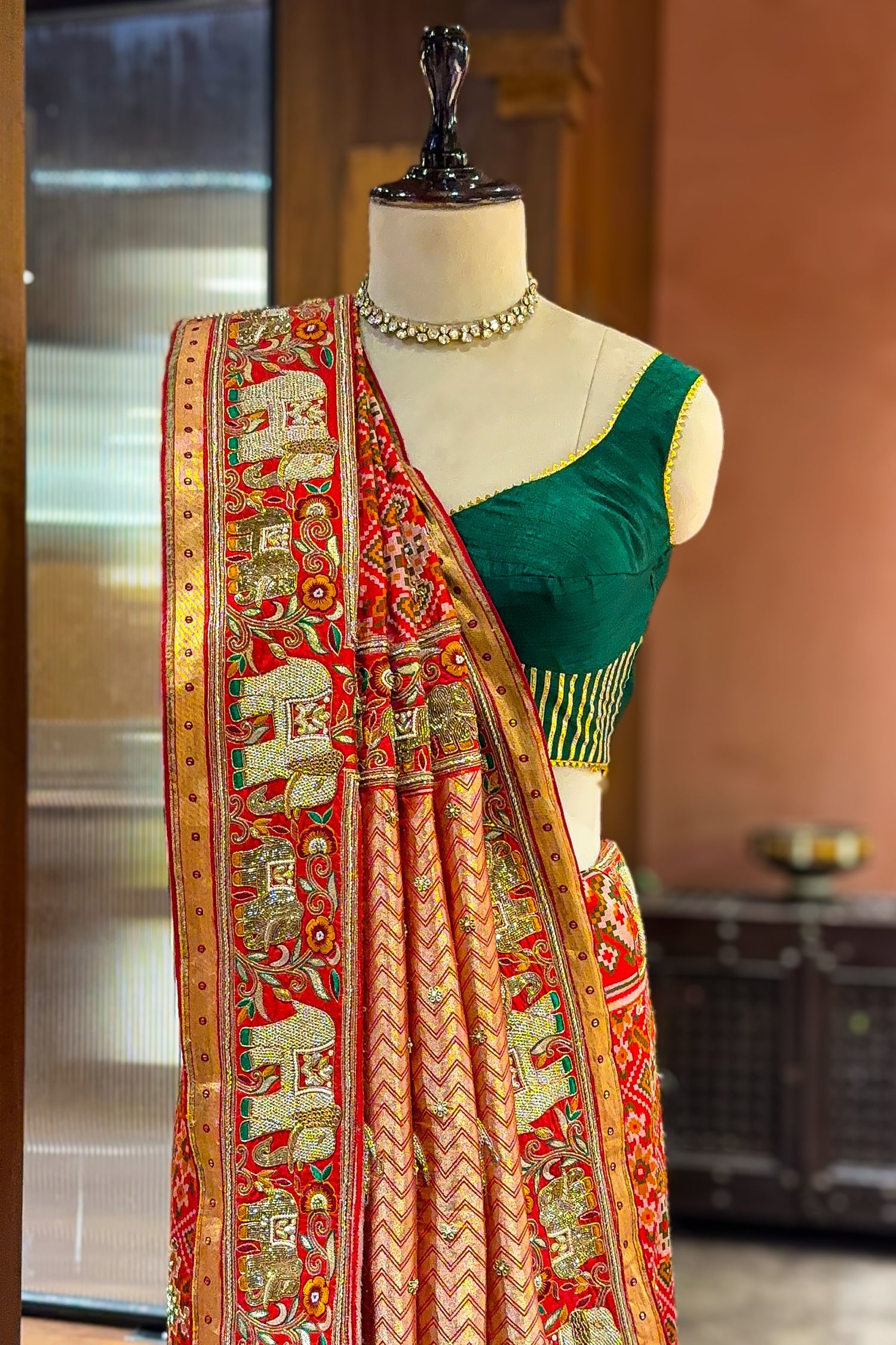 Red Silk Traditional Patola Saree with Handworked Elephant Motif Border - red silk saree patola