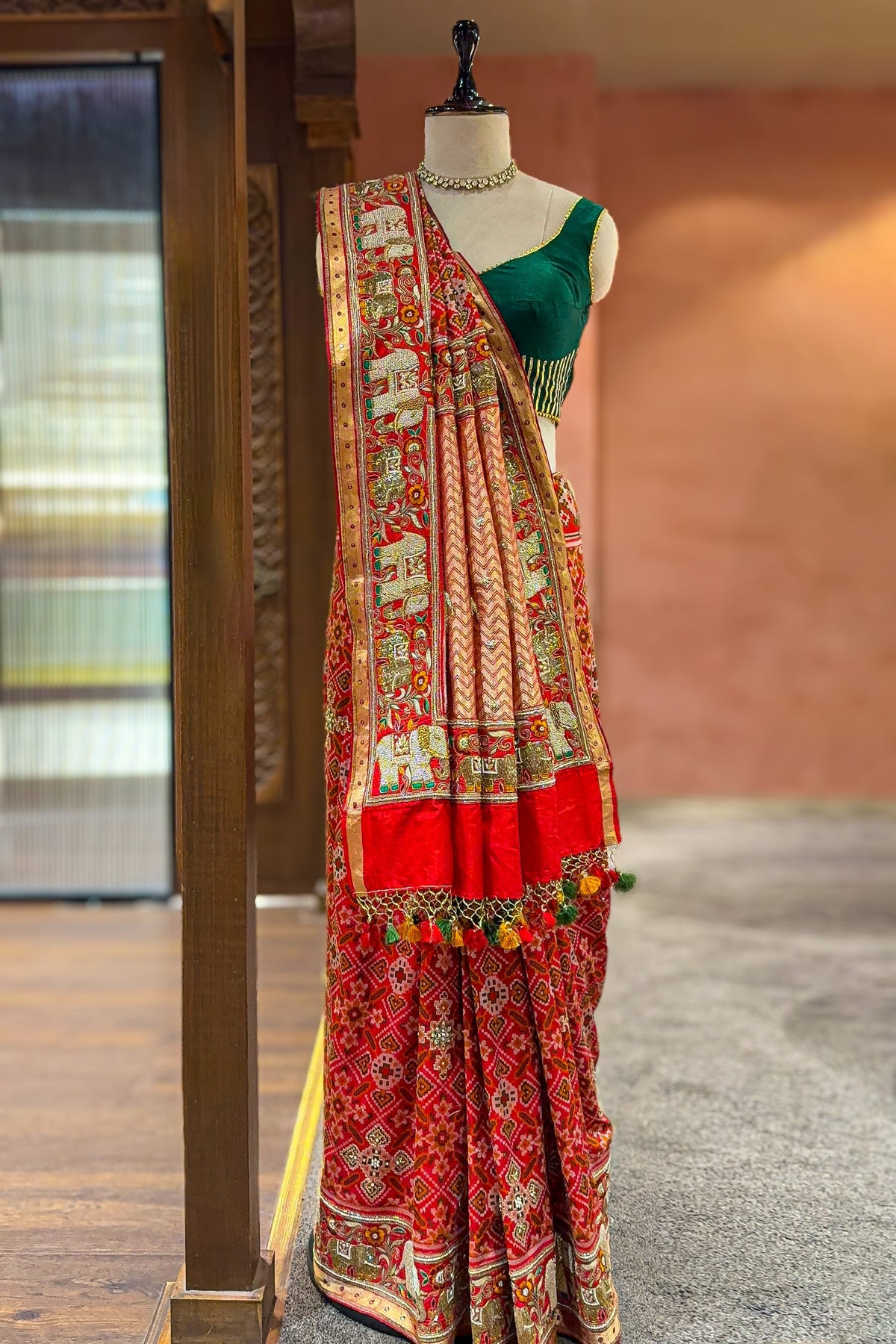 Red Silk Traditional Patola Saree with Handworked Elephant Motif Border - red silk saree patola