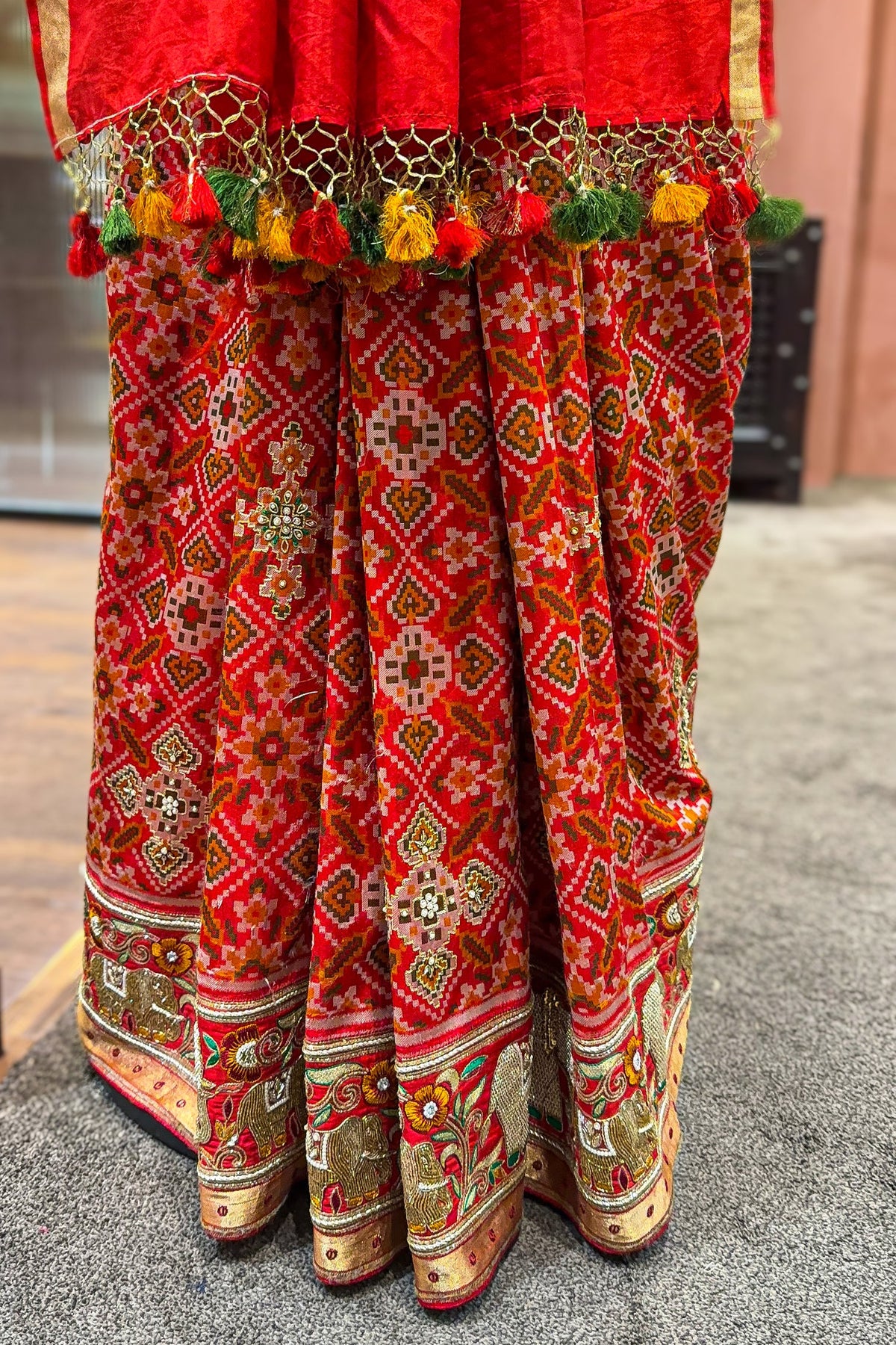 Red Silk Traditional Patola Saree with Handworked Elephant Motif Border - red silk saree patola