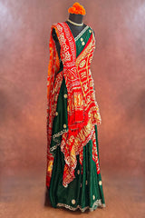 Green and Red Gaji Silk Bandhej Saree with Applique and Mirror Work