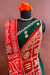 Green and Red Gaji Silk Bandhej Saree with Applique and Mirror Work