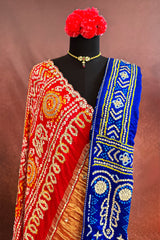 Blue and Red Gaji Silk Bandhej Saree with Applique and Sequins Work