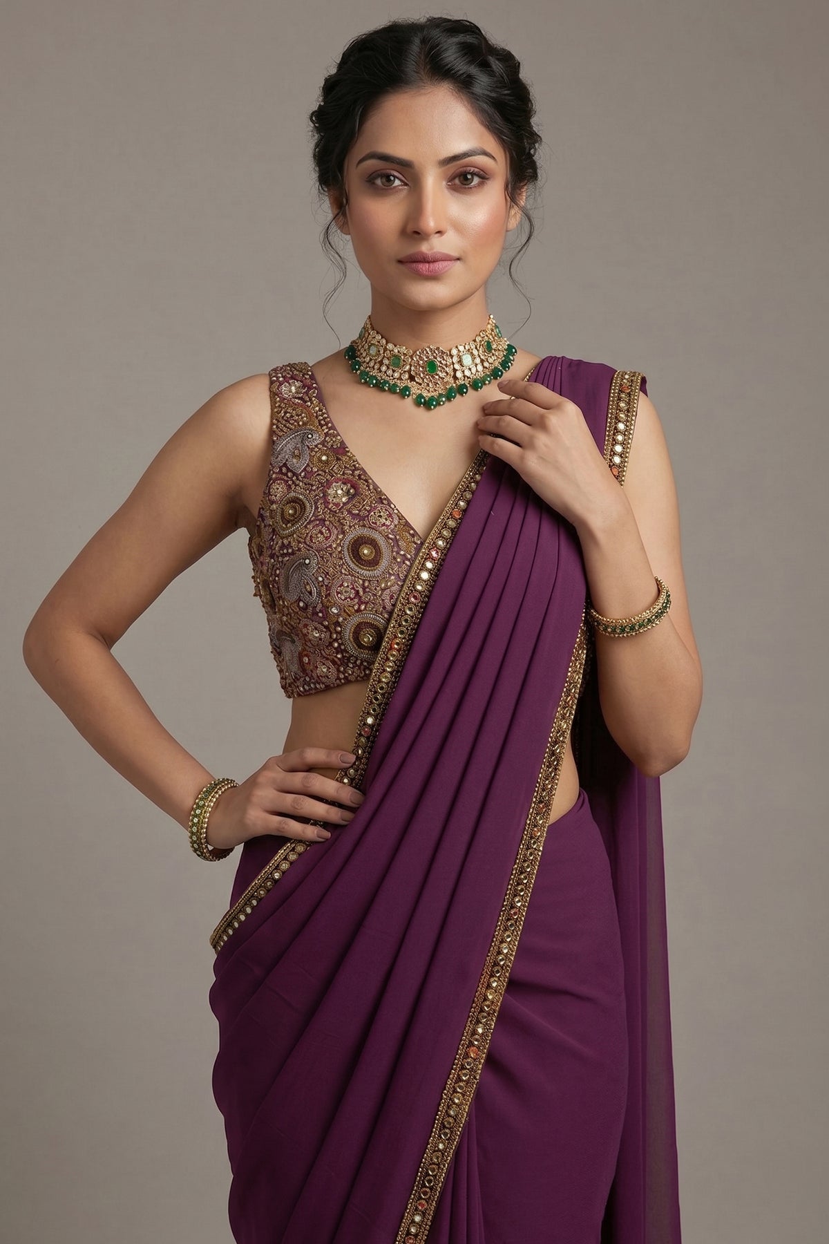 Purple Georgette Crepe Pre Draped Saree with Metallic Work Blouse - purple georgette saree