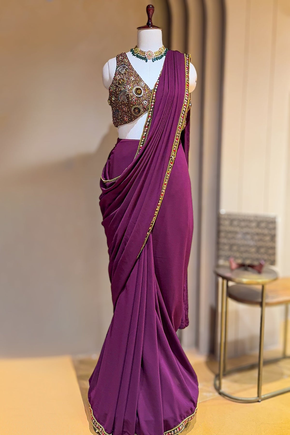 Purple Georgette Crepe Pre Draped Saree with Metallic Work Blouse - purple georgette saree