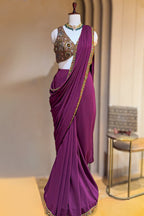 Purple Georgette Crepe Pre Draped Saree with Metallic Work Blouse - purple georgette saree