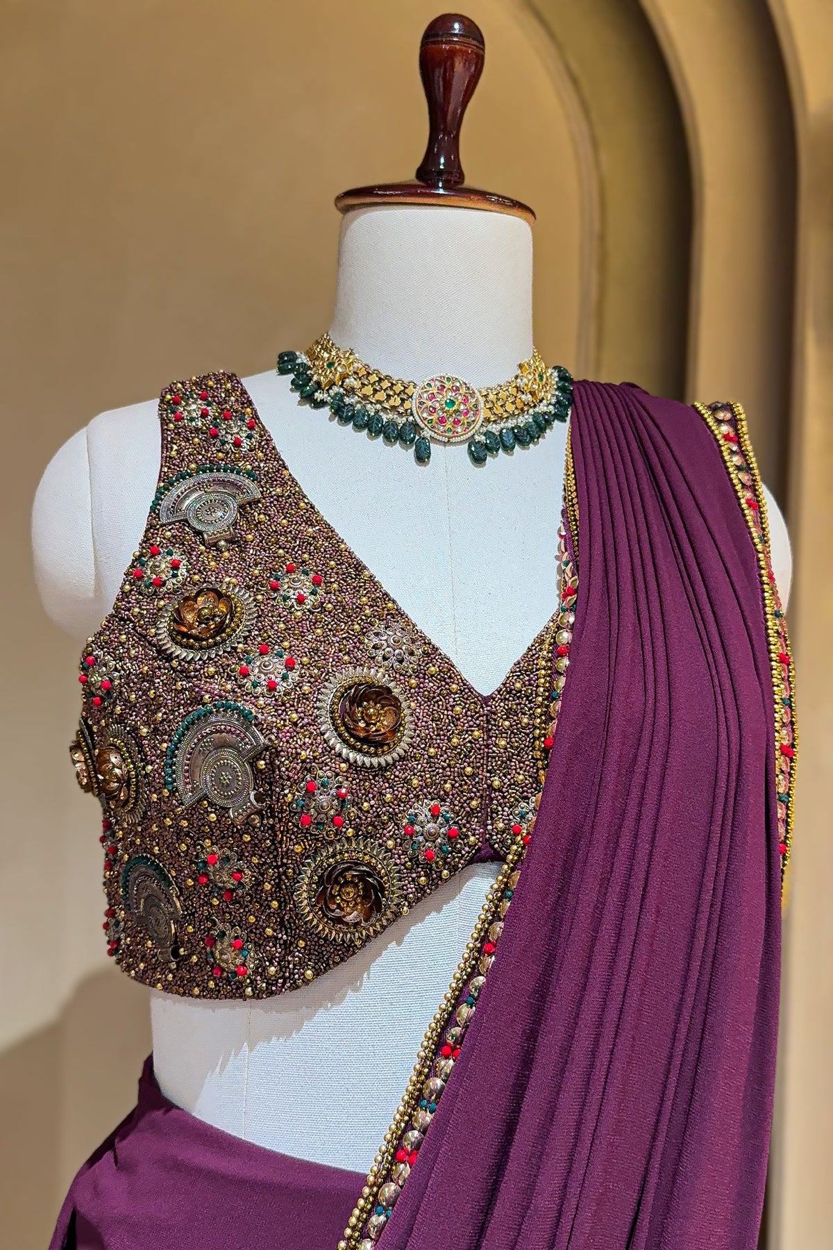 Purple Georgette Crepe Pre Draped Saree with Metallic Work Blouse - purple georgette saree