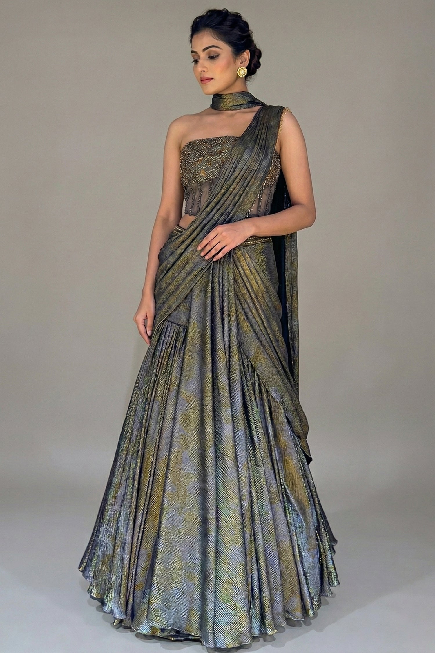 Grey Georgette Pre Draped Lehenga Style Saree with Cutdana Work Co-ord Set Blouse - grey georgette saree