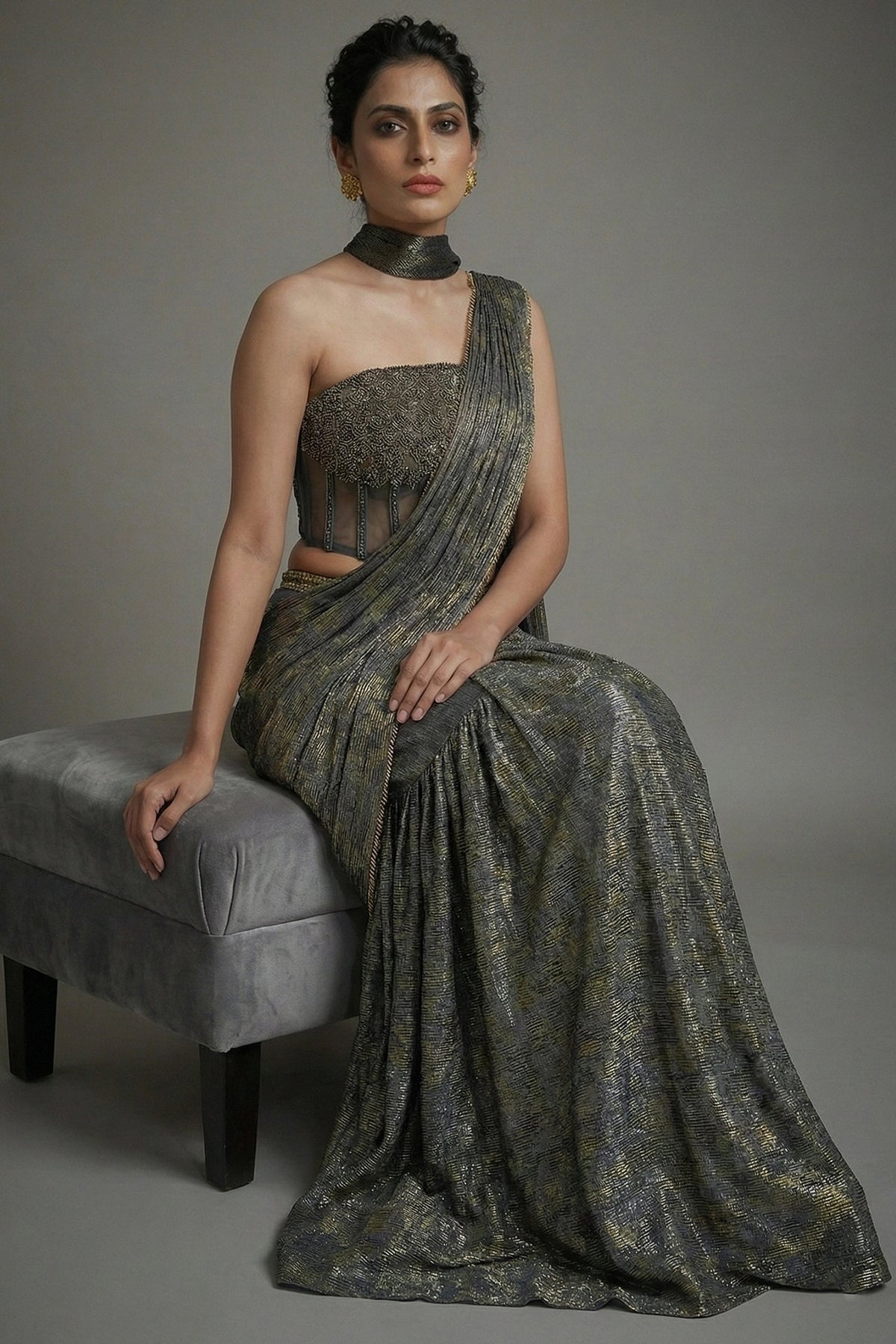 Grey Georgette Pre Draped Lehenga Style Saree with Cutdana Work Co-ord Set Blouse - grey georgette saree