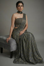Grey Georgette Pre Draped Lehenga Style Saree with Cutdana Work Co-ord Set Blouse - grey georgette saree