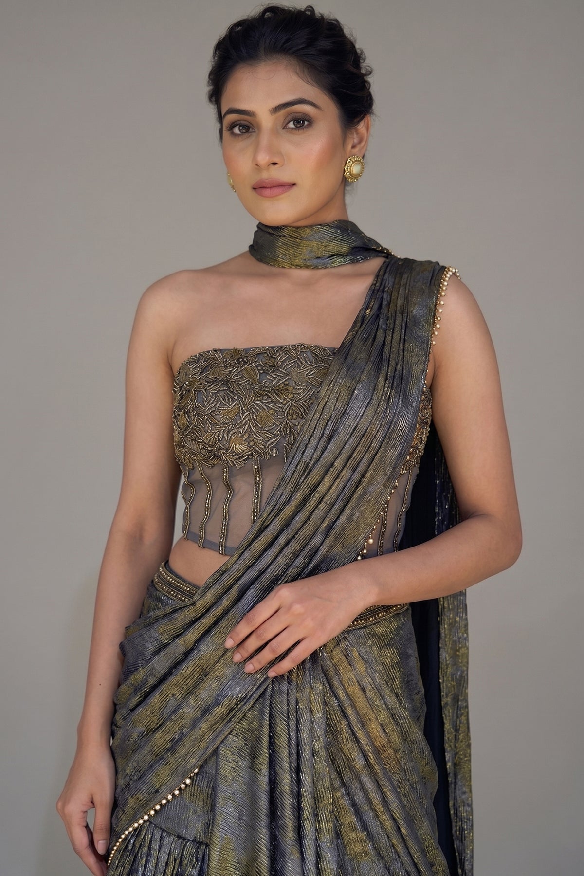 Grey Georgette Pre Draped Lehenga Style Saree with Cutdana Work Co-ord Set Blouse - grey georgette saree