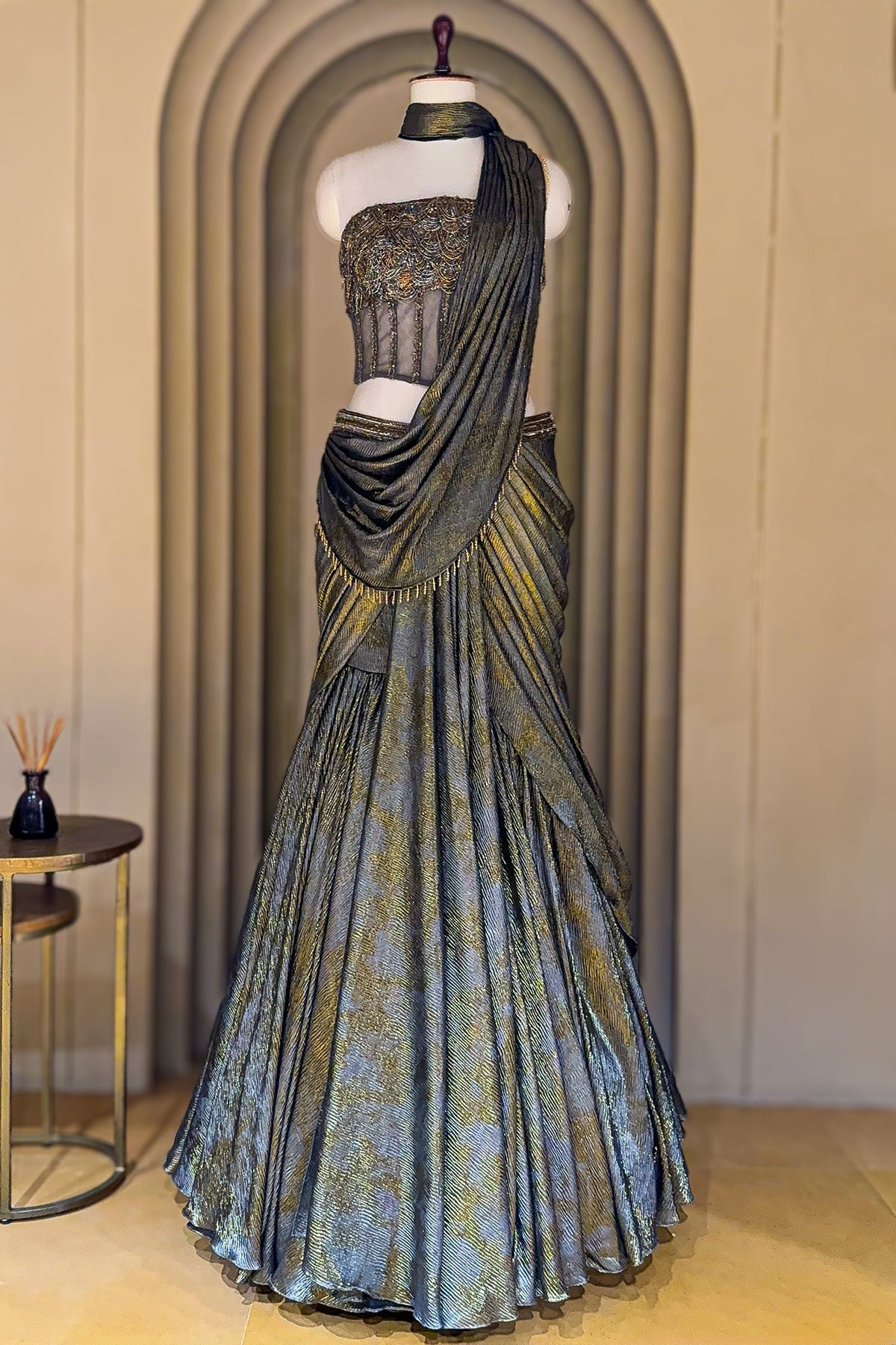 Grey Georgette Pre Draped Lehenga Style Saree with Cutdana Work Co-ord Set Blouse - grey georgette saree