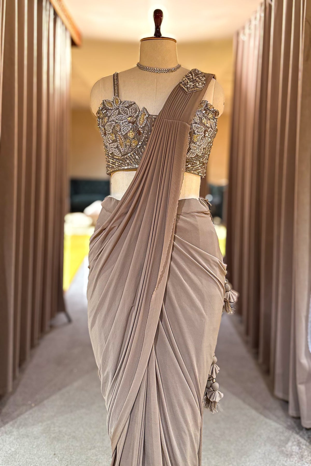 Taupe Pre-Draped Saree with Embellished Blouse - saree
