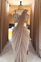 Taupe Pre-Draped Saree with Embellished Blouse - saree