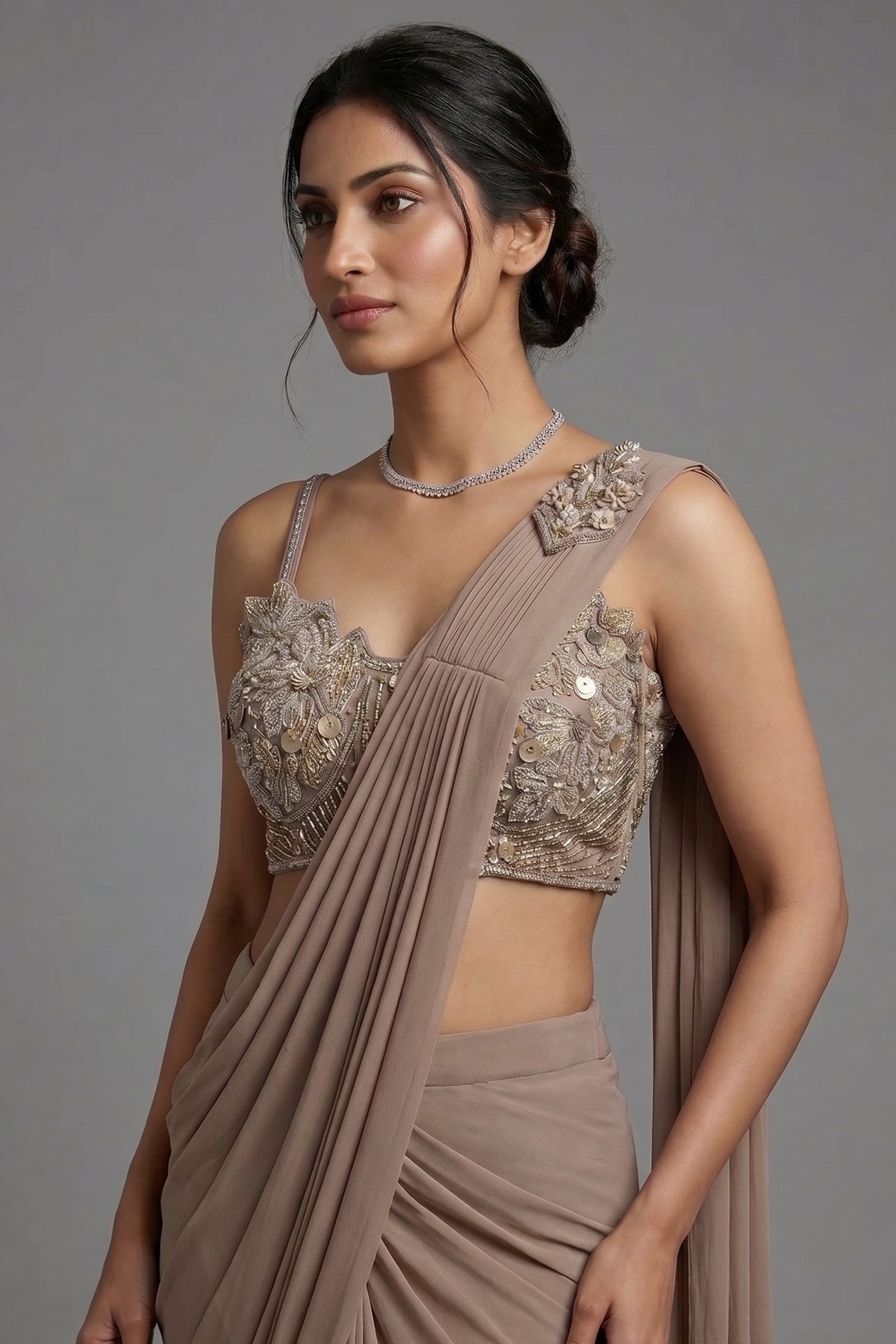 Taupe Pre-Draped Saree with Embellished Blouse - saree