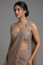 Taupe Pre-Draped Saree with Embellished Blouse - saree