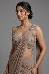 Taupe Pre-Draped Saree with Embellished Blouse