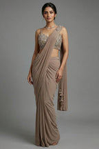 Taupe Pre-Draped Saree with Embellished Blouse - saree