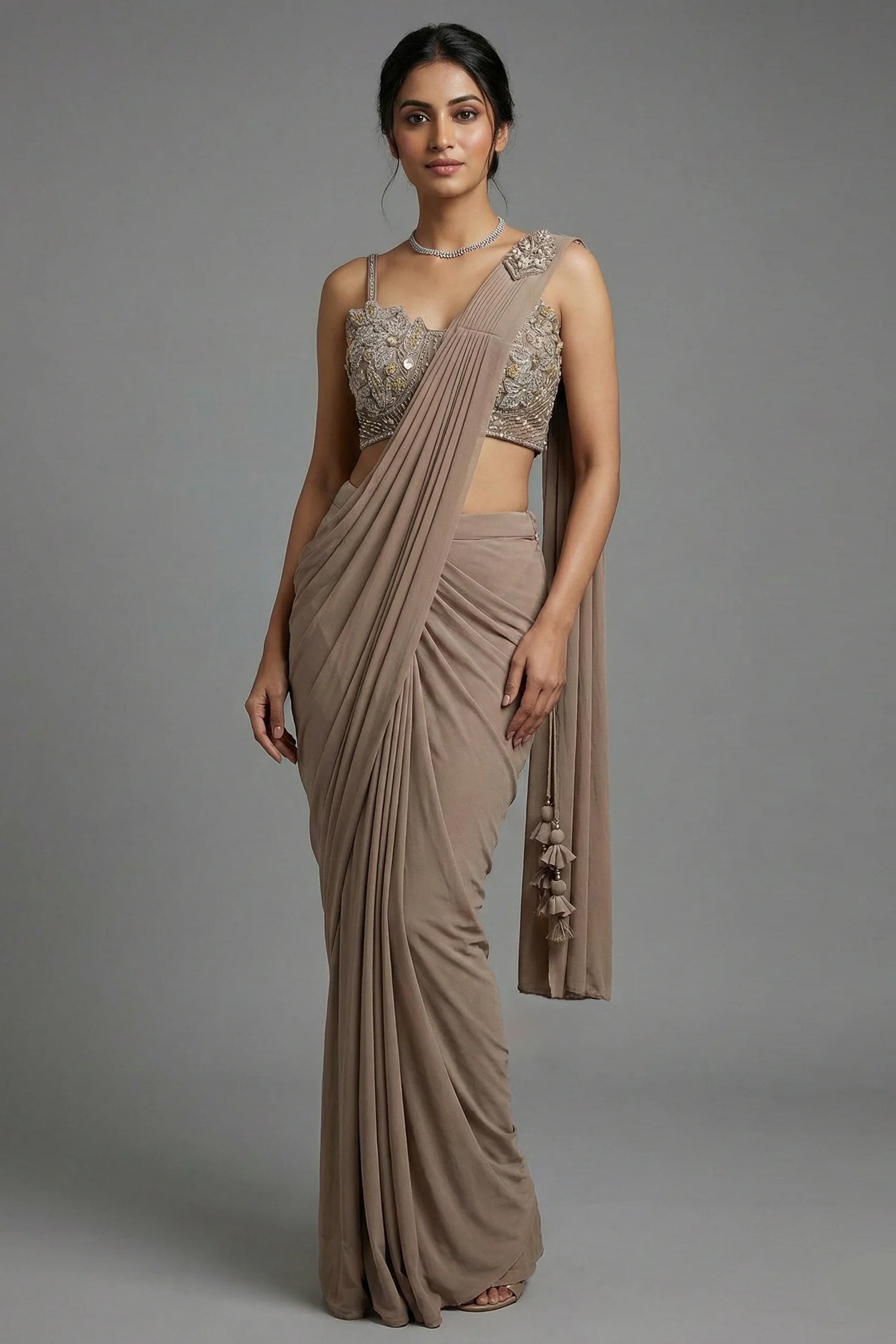 Taupe Pre-Draped Saree with Embellished Blouse - saree