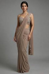 Taupe Pre-Draped Saree with Embellished Blouse