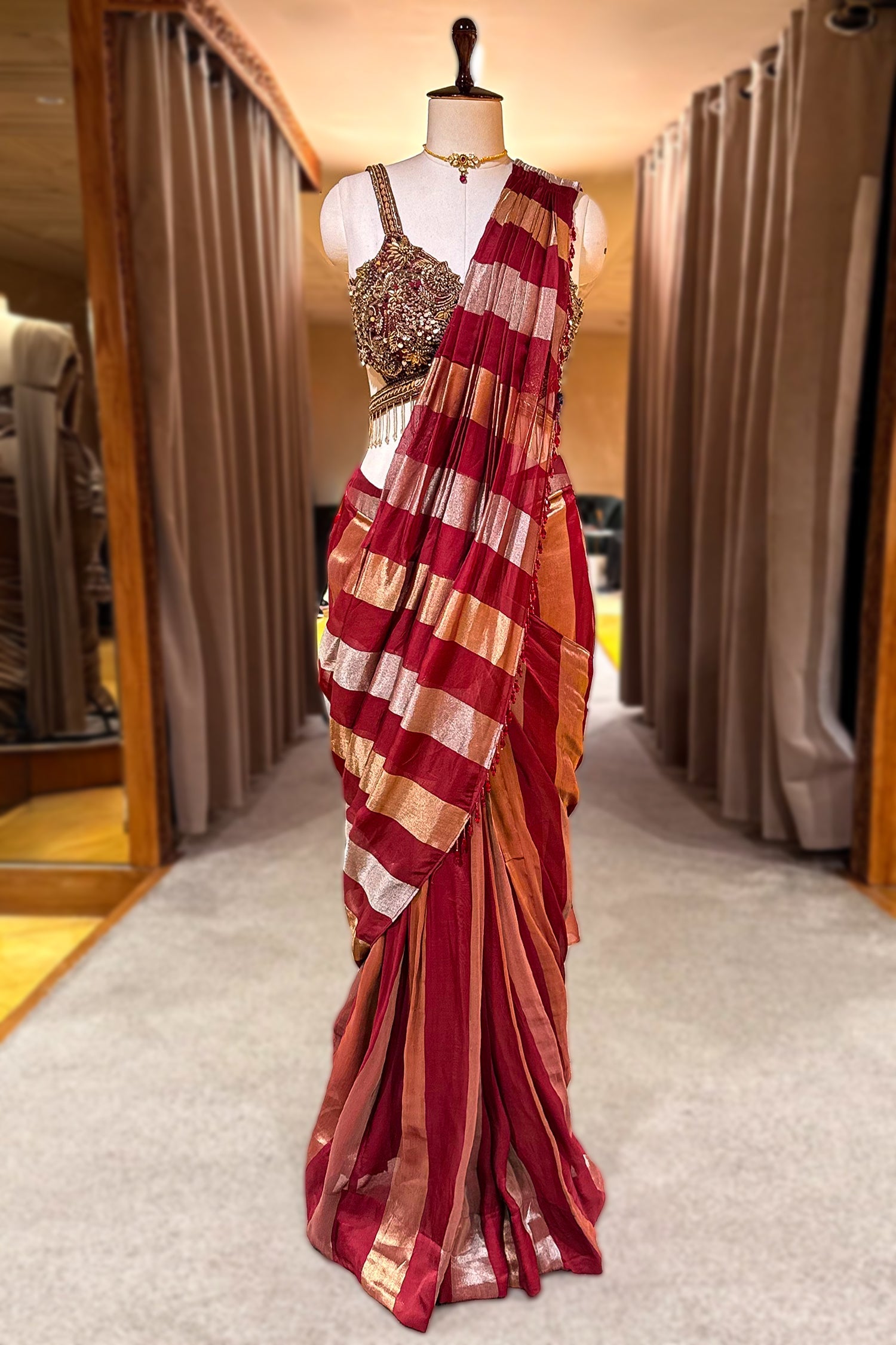 Maroon and Gold Striped Readymade Saree with Heavily Embellished Blouse - maroon saree