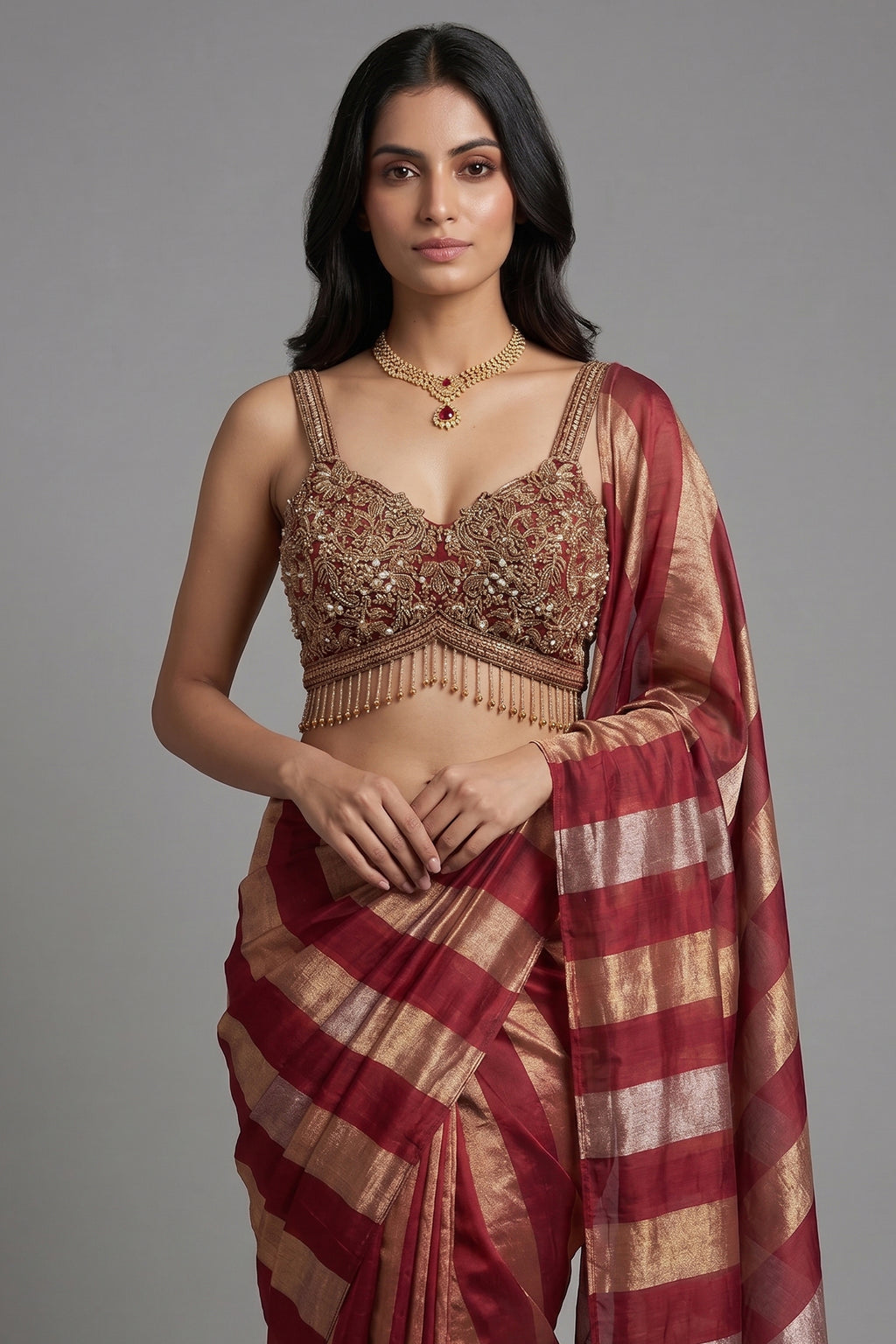 Maroon and Gold Striped Readymade Saree with Heavily Embellished Blouse - maroon saree