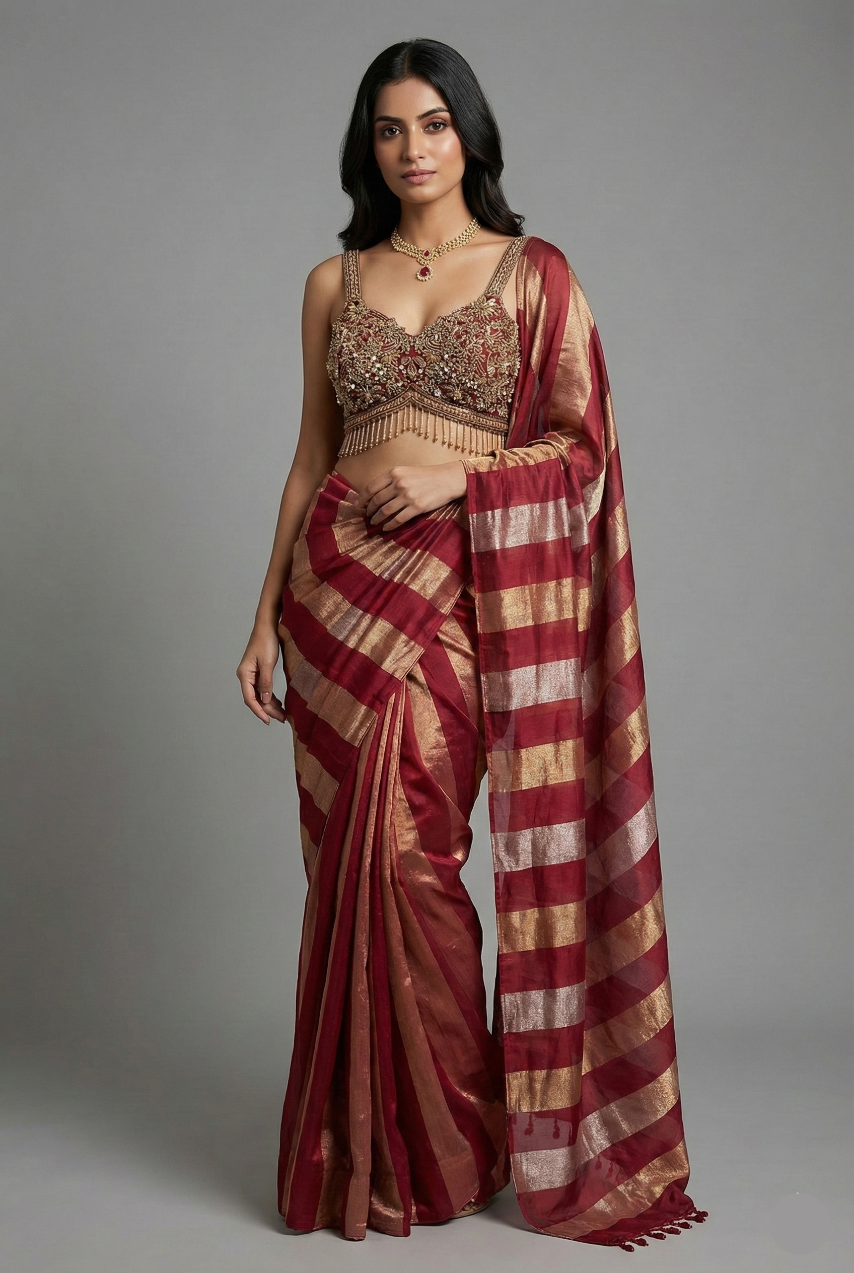 Maroon and Gold Striped Readymade Saree with Heavily Embellished Blouse - maroon saree