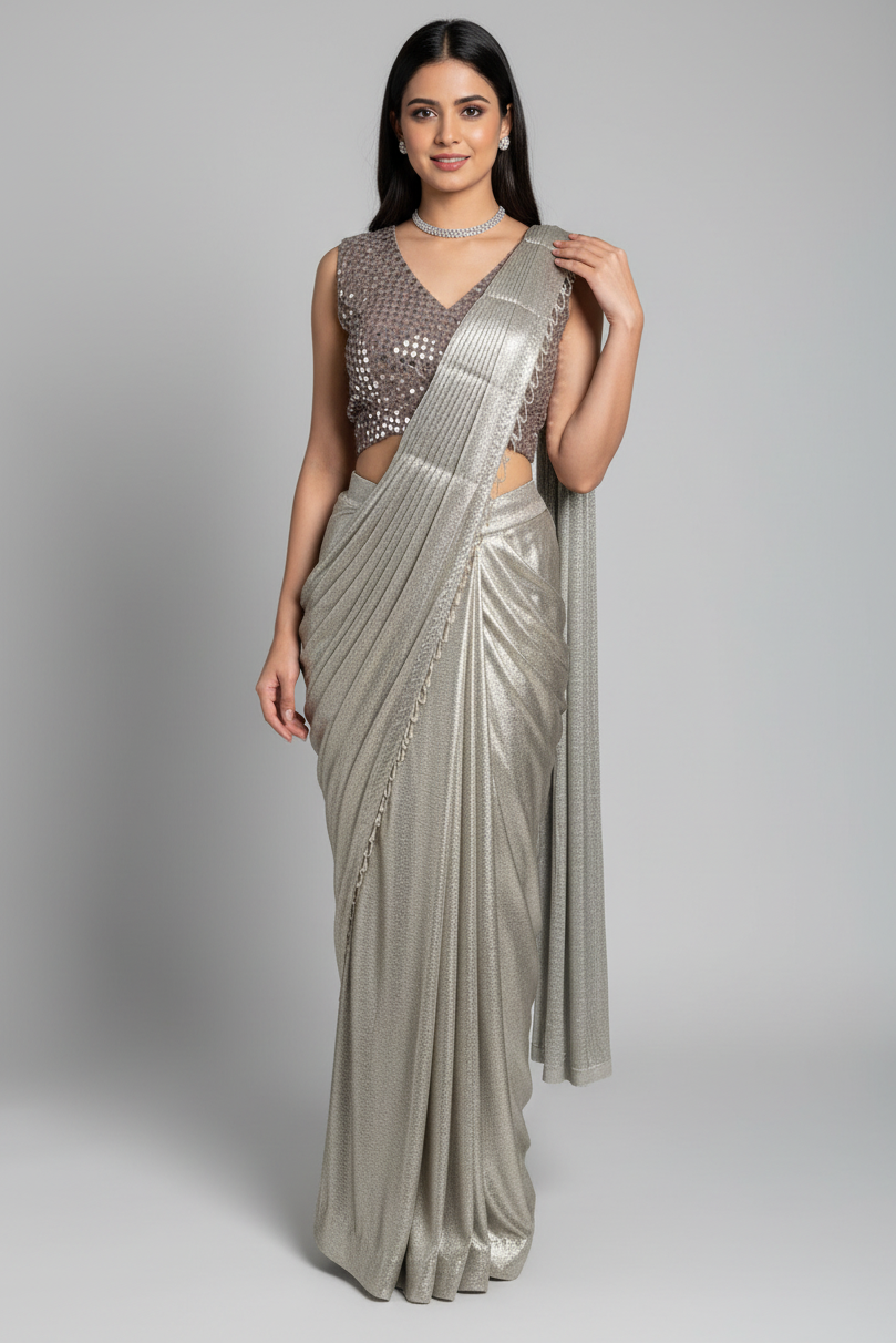Silver Metallic Pre-Draped Saree with Embellished Blouse - silver saree Main image