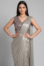 Silver Metallic Pre-Draped Saree with Embellished Blouse - silver saree
