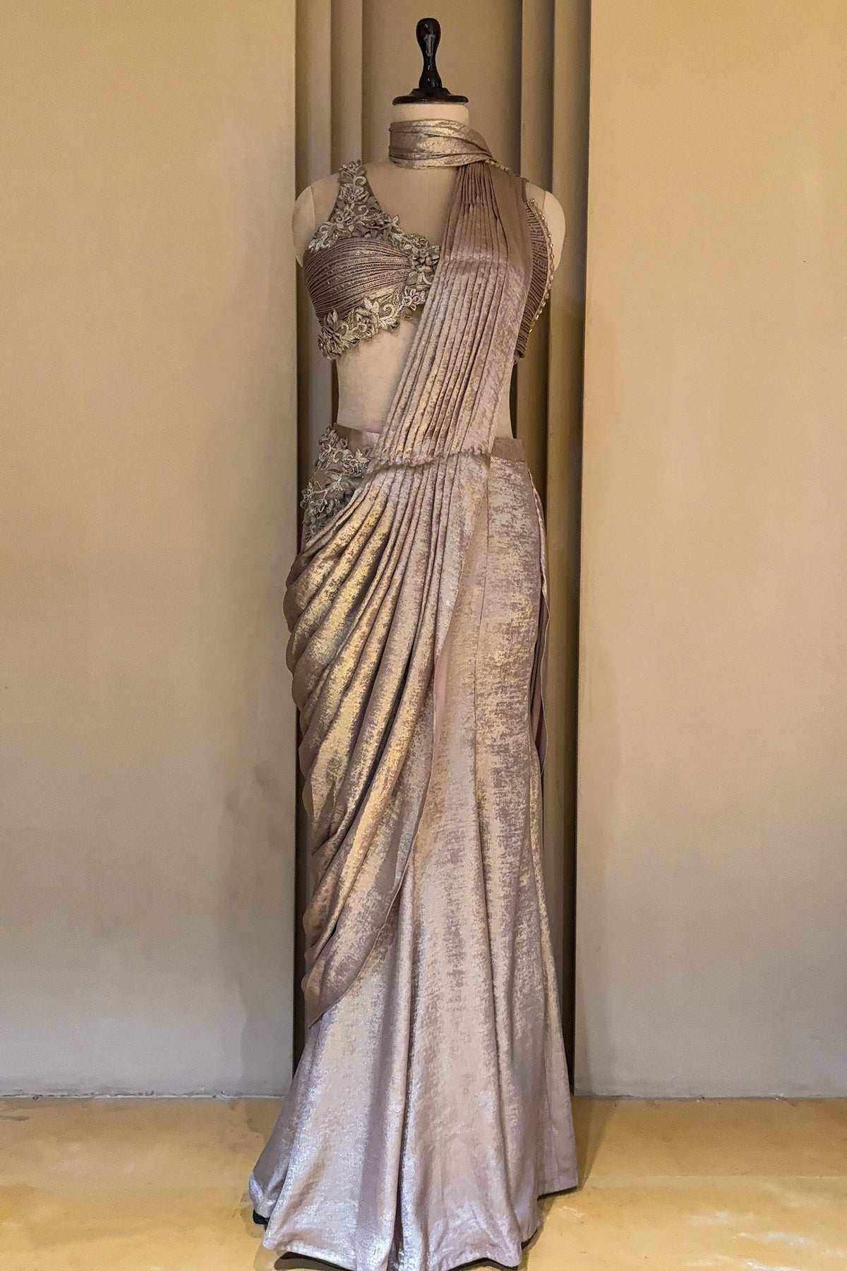 Champagne Beige Ready to Wear Saree highlighting the effortless pre-draped silhouette