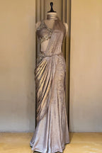 Champagne Beige Ready to Wear Saree highlighting the effortless pre-draped silhouette