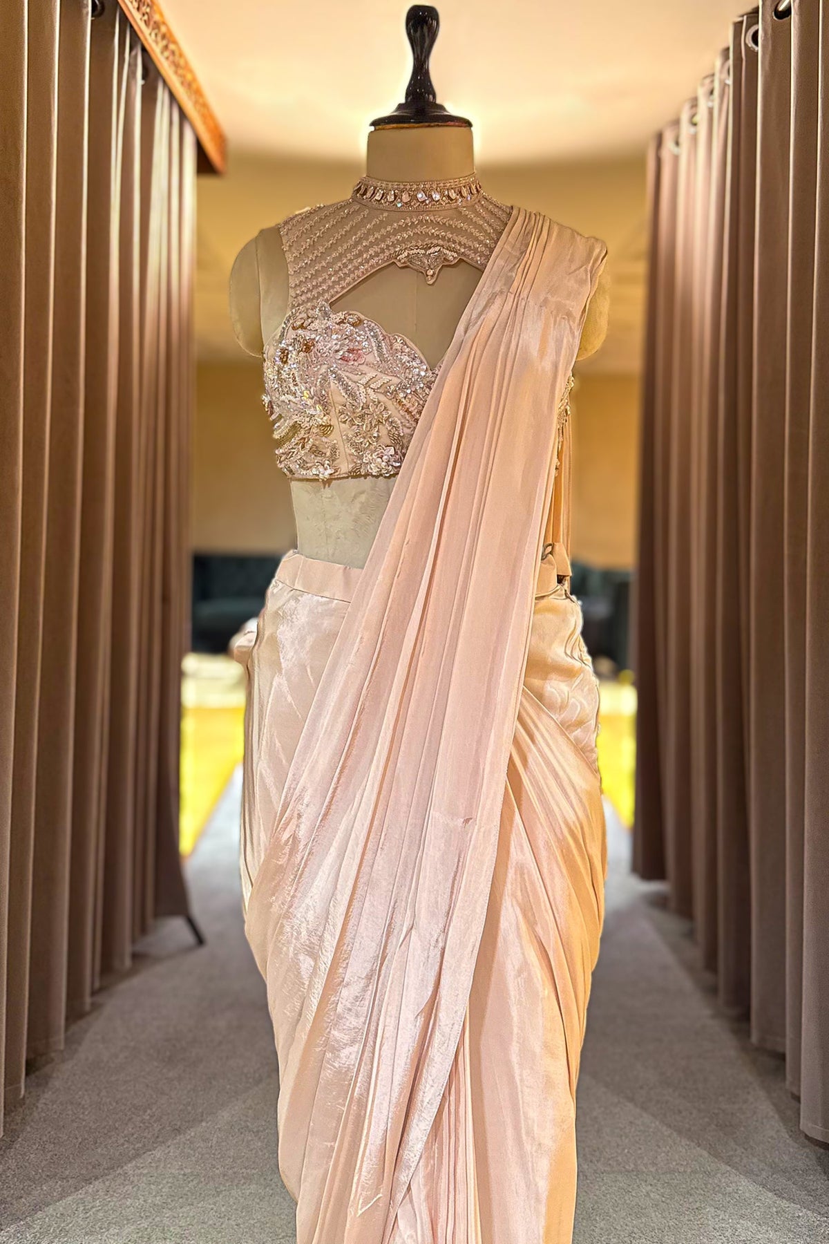 Blush Pink Organza Pre-Draped Saree with Embellished Blouse - pink organza saree