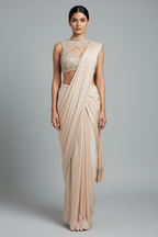 Blush Pink Organza Pre-Draped Saree with Embellished Blouse - pink organza saree