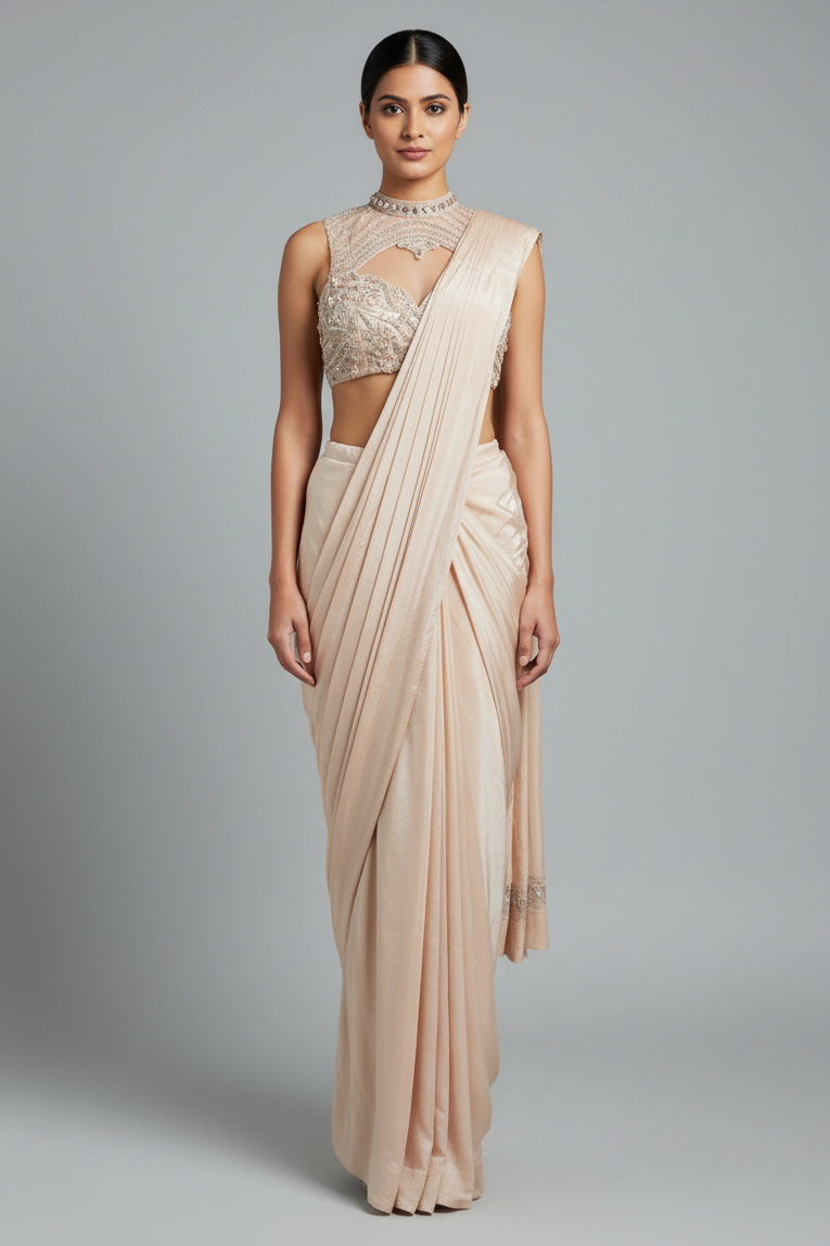 Blush Pink Organza Pre-Draped Saree with Embellished Blouse - pink organza saree