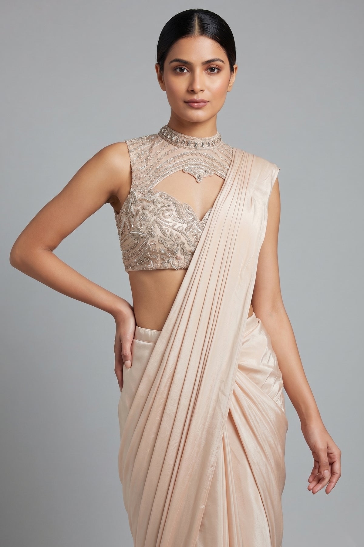 Blush Pink Organza Pre-Draped Saree with Embellished Blouse - pink organza saree